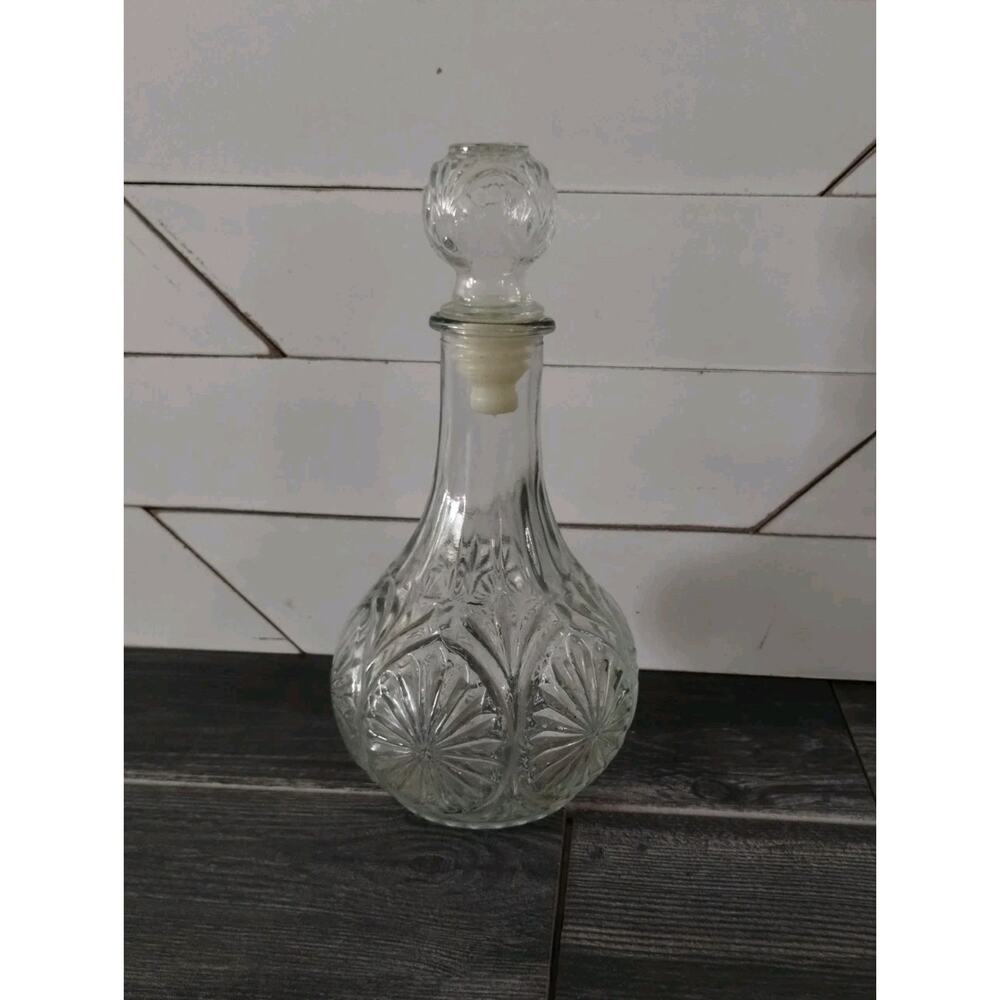 Clear Pressed Glass Decanter with Cork - Starburst